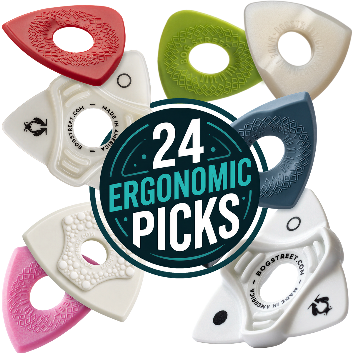 Bog Street Ultimate Mix Pack– 24 Patented Ergonomic Guitar Picks