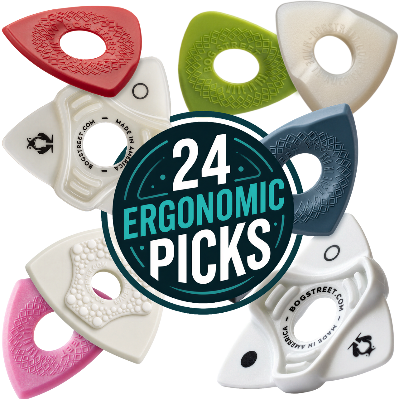 Bog Street Ultimate Mix Pack– 24 Patented Ergonomic Guitar Picks