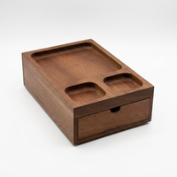 Thumbnail for A rectangular wooden organizer box with a drawer and two recessed compartments on top, shown on a clean white background.

