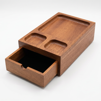 Thumbnail for A rectangular wooden organizer box with a sliding drawer and a top tray featuring two oval indentations, shown on a clean white background.

