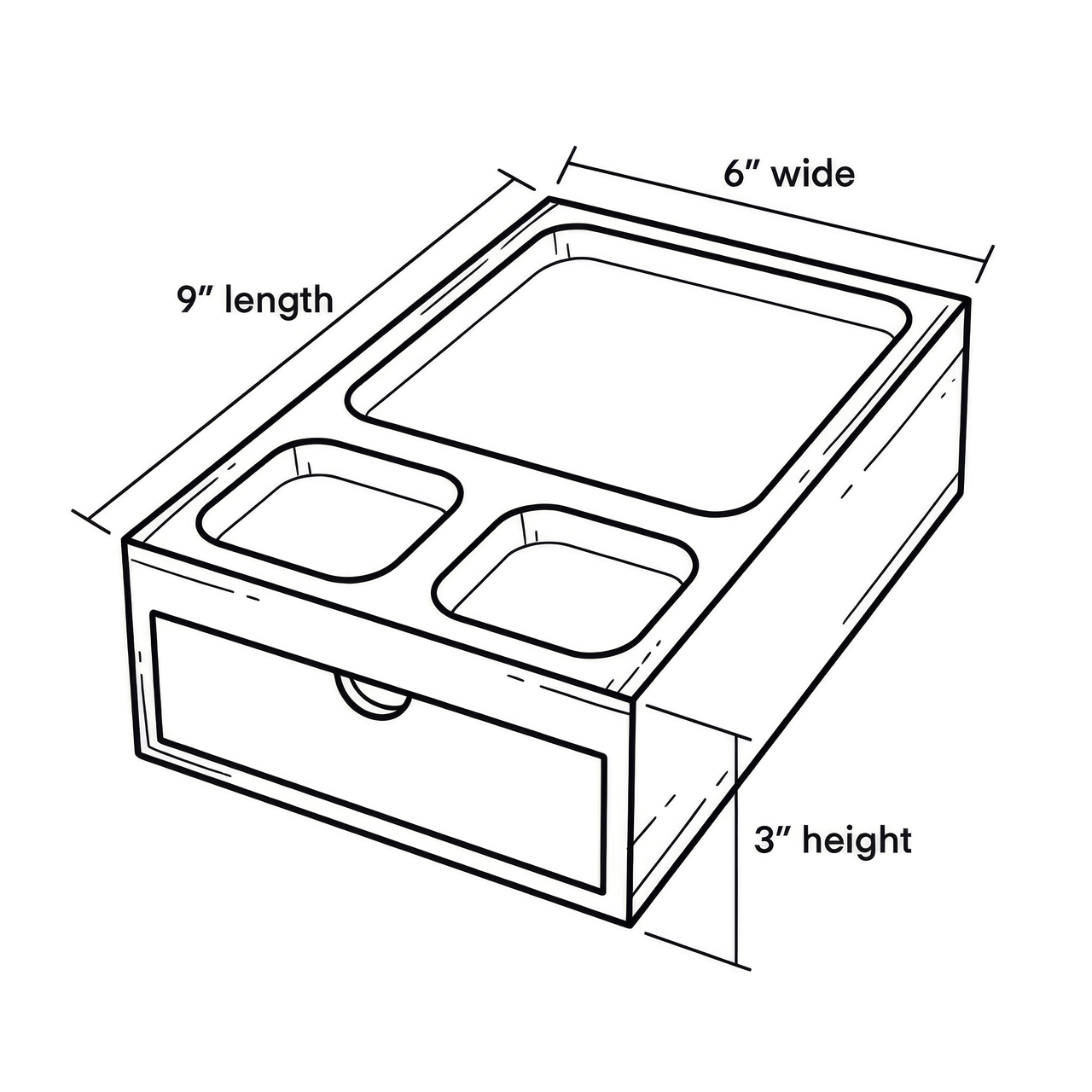 Black and white line drawing of a small storage box with a drawer and two top compartments, annotated with dimensions: 9" length, 6" wide, and 3" height.


