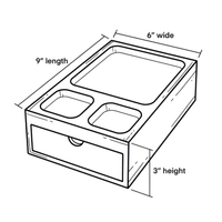 Thumbnail for Black and white line drawing of a small storage box with a drawer and two top compartments, annotated with dimensions: 9