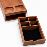 Thumbnail for A wooden jewelry organizer box shown open, with a matching wooden lid placed behind it on a clean white background. The box has a warm medium-brown wood finish and black fabric lining in multiple compartments.

