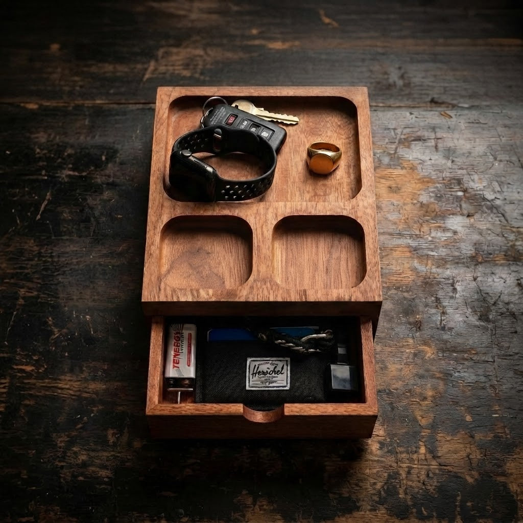 A wooden organizer tray with a drawer, shown open on a dark rustic wooden table. The tray has three upper compartments holding a black smartwatch band, keys, and a small gold ring, and a lower drawer containing a black pouch with a Herschel label and other small accessories.

