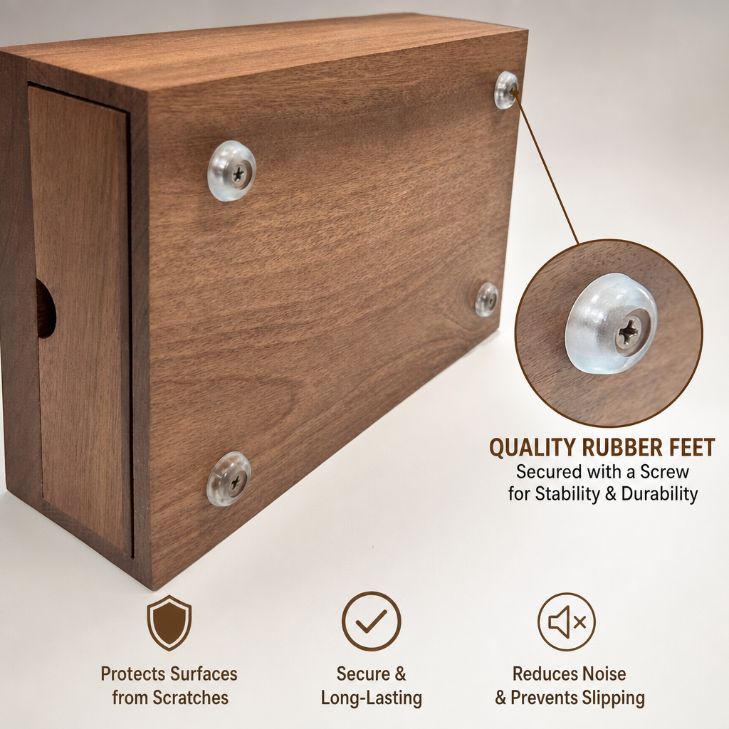 A wooden storage box or cabinet shown on a light beige background with feature callouts and icons. The product has a medium brown wood grain finish, silver metal screws, and rubber feet.

