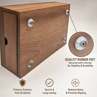 Thumbnail for A wooden storage box or cabinet shown on a light beige background with feature callouts and icons. The product has a medium brown wood grain finish, silver metal screws, and rubber feet.

